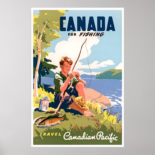 Póster de viaje de arte de pesca de Canadá Angler' (Frente)