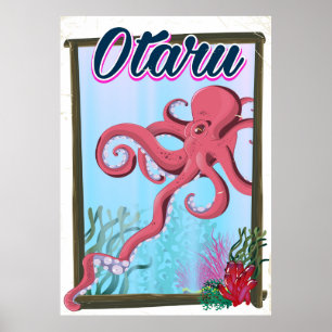 Póster de viaje de calamar de Otaru Japón