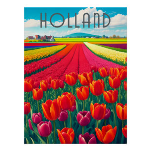 Póster de viaje de campos de tulipanes de Holanda