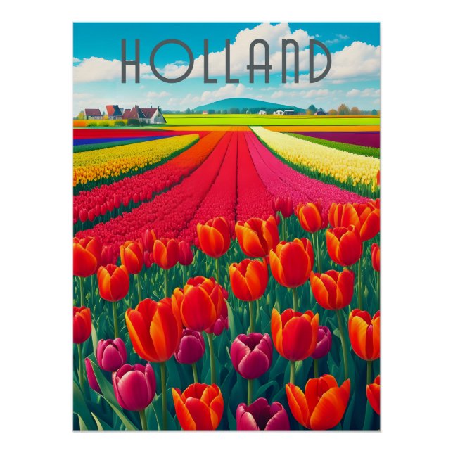 Póster de viaje de campos de tulipanes de Holanda (Anverso)