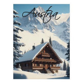 Póster de viaje de chalé alpino de Austria