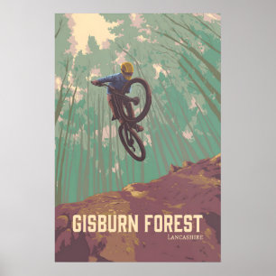 Póster de viaje de ciclismo de montaña del bosque