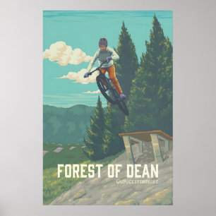 Póster de viaje de ciclismo de montaña del bosque 