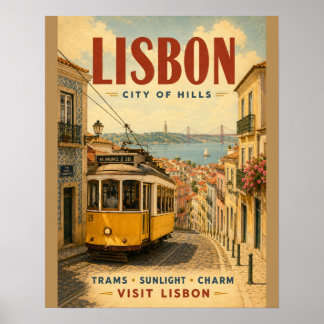 Póster de viaje de la ciudad vintage de Lisboa con