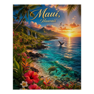 Póster de viaje de la costa tropical de Maui Hawai