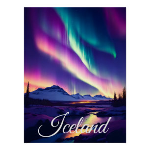 Póster de viaje de las luces del norte de Islandia