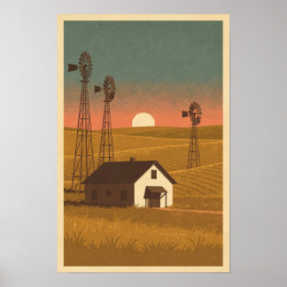 Póster de viaje de molinos de viento de la pradera
