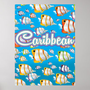 Póster de viaje de peces tropicales del Caribe.