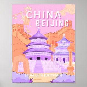 Póster de viaje de Pekín China Arte rosa y lavan