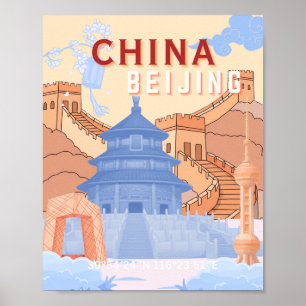 Póster de viaje de Pekín China Azul pastel y mel