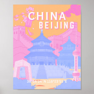 Póster de viaje de Pekín China Pastel rosa y azu