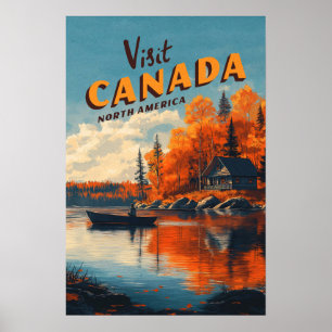 Póster de viaje de pesca en el lago Canadá