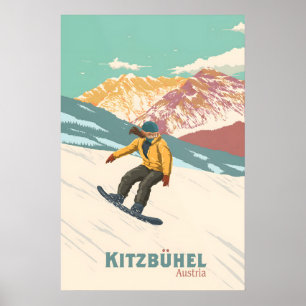 Póster de viaje de snowboard Kitzbuhel Austria