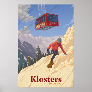 Póster de viaje de snowboard Klosters Suiza
