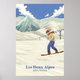 Póster de viaje de snowboard Les Deux Alpes