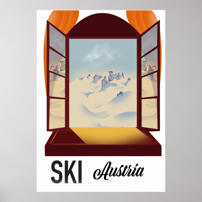 Póster de viaje de ventana de esquí Austria. (Frente)