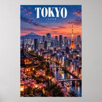 Póster de viaje del atardecer del skyline de Tokio