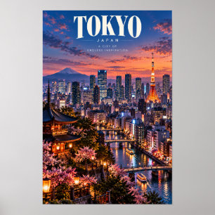Póster de viaje del atardecer del skyline de Tokio