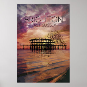 Póster de viaje del atardecer en el muelle oeste d