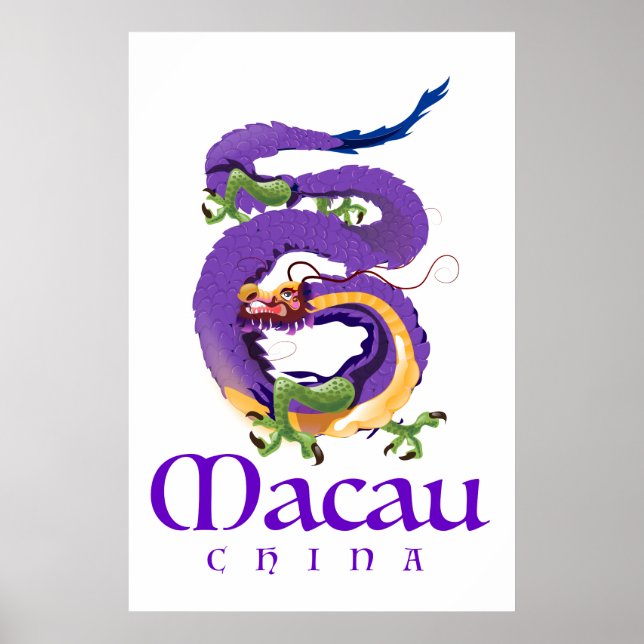 Póster de viaje del dragón de Macao China. (Frente)