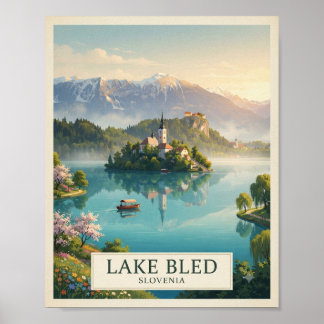 Póster de viaje del lago Bled vintage Eslovenia