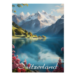 Póster de viaje del lago de montaña suizo