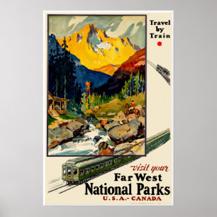 Póster de viaje en tren a los parques nacionales