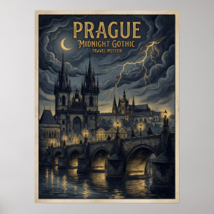 Póster de viaje gótico de medianoche de Praga, osc
