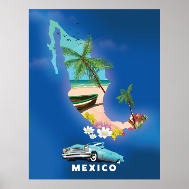 Póster de viaje ilustración del mapa de México. (Frente)
