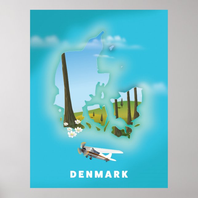 Póster de viaje ilustrado del mapa de Dinamarca. (Frente)