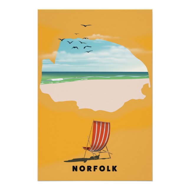 Póster de viaje ilustrado del mapa de Norfolk (Anverso)