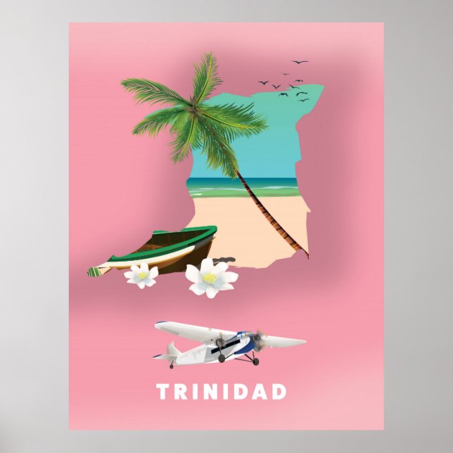 Póster de viaje ilustrado del mapa de Trinidad. (Frente)