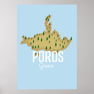 Póster de viaje ilustrado del mapa griego de Poros