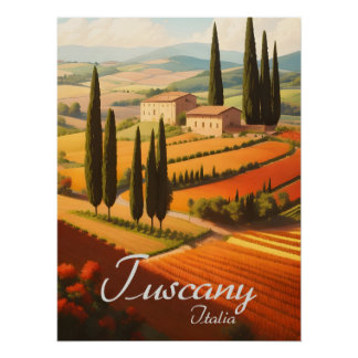 Póster de viaje por el campo de Toscana Italia