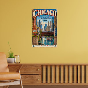 Póster de viaje Retro Chicago Illinois Ciudad Skyl