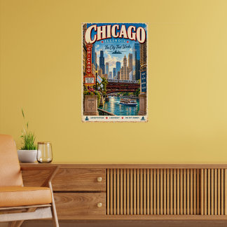 Póster de viaje Retro Chicago Illinois Ciudad Skyl