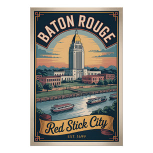 Póster de viaje retro de Baton Rouge Louisiana Vin