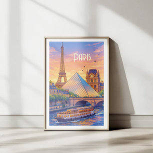 Póster de viaje retro de París - Torre Eiffel y Lo