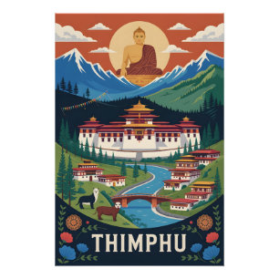 Póster de viaje retro Thimphu Bután