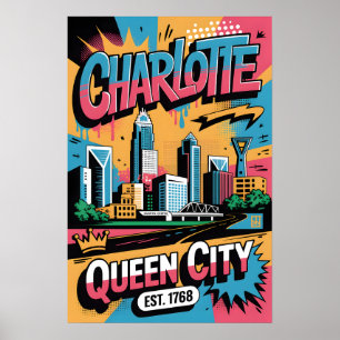Póster de viaje urbano de graffiti en Charlotte NC