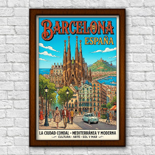 Póster de viaje vintage Barcelona, España, años 60
