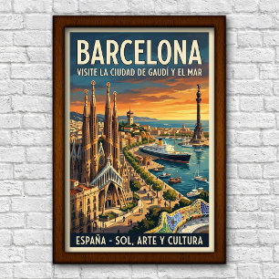 Póster de viaje vintage Barcelona, España, años 60