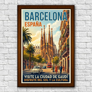 Póster de viaje vintage Barcelona, España, años 60