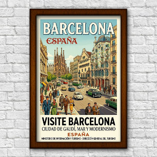 Póster de viaje vintage Barcelona, España, años 60