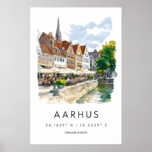 Póster de viaje vintage de acuarela de Aarhus Esqu