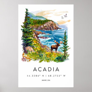 Póster de viaje vintage de acuarela de Acadia Ski