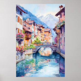 Póster de viaje vintage de acuarela de Annecy Esqu