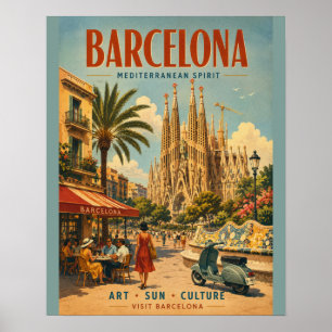 Póster de viaje vintage de Barcelona con Mediterrá