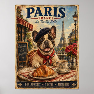 Póster de viaje vintage de Bulldog Francés en Parí