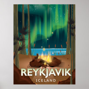 Póster de viaje vintage de camping en Reikiavik